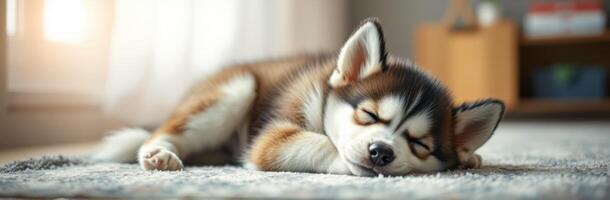Cute husky puppy sleeping peacefully on a soft rug indoors during daylight hours photo