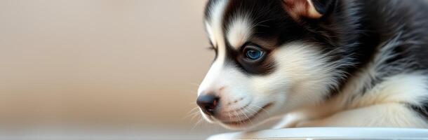 Cute black and white puppy with blue eyes looks intently at something off camera during a calm afternoon photo