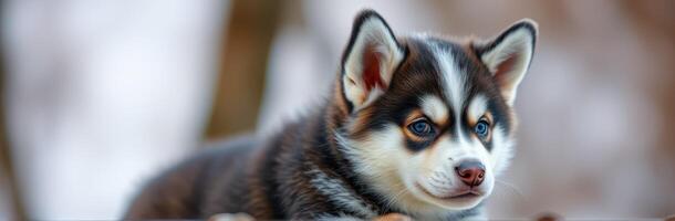 Adorable young husky puppy lounging outdoors in winter landscape with soft snow and trees in the background photo