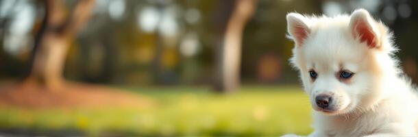 Cute white puppy playing on grass in a park during a sunny afternoon photo