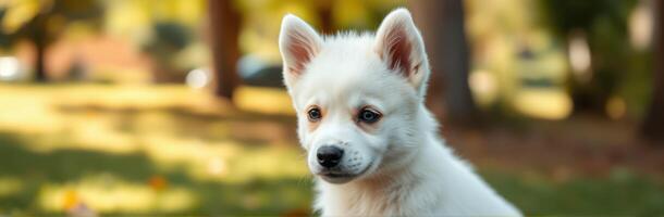Cute white puppy gazes curiously in a sunny park filled with vibrant greenery photo