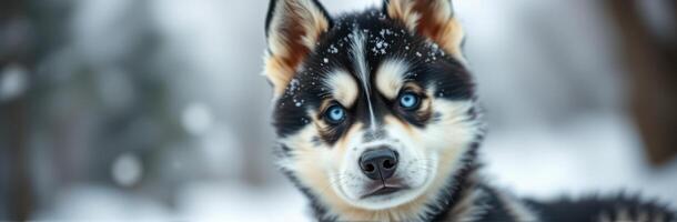 Siberian husky puppy explores a snow-covered landscape in a winter wonderland setting photo