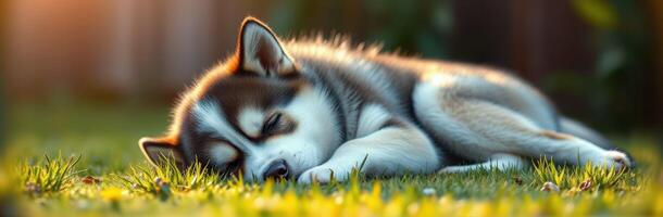 Husky puppy peacefully sleeping on green grass during golden hour in a serene backyard setting photo