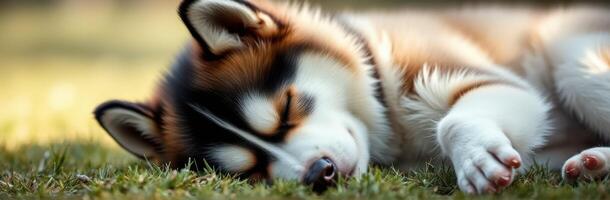 Sleepy puppy resting on green grass in a sunny outdoor setting during the afternoon photo