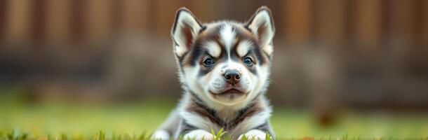 Cute husky puppy lounging outdoors in a sunny garden with green grass during daytime photo