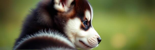 Adorable husky puppy exploring a sunny garden on a beautiful day in spring photo