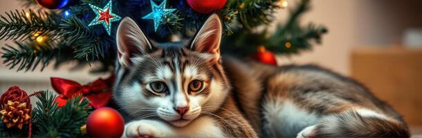 Cat relaxing under a beautifully decorated Christmas tree with colorful ornaments and twinkling lights in a cozy room photo