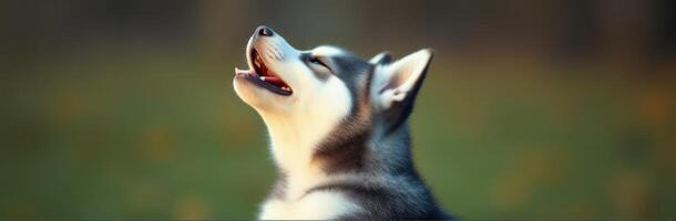 Husky dog howling with joy in a natural setting during golden hour in a lush green landscape photo