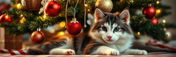 Cute cat relaxes beneath a decorated Christmas tree with shimmering lights and ornaments during the holiday season photo