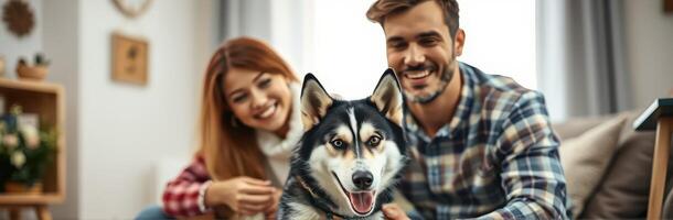 Happy couple spending quality time with a playful husky in a cozy living room on a sunny afternoon photo
