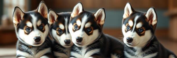 Four playful husky puppies relaxing indoors on a sunny day with bright blue eyes and fluffy coats photo