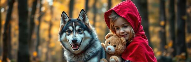 Child in red hooded cloak cuddles plush bear beside friendly husky in a colorful autumn forest during golden hour photo