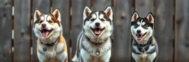 Happy huskies posing together in front of a wooden fence on a sunny day photo