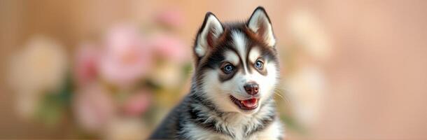 Playful husky puppy posing against a blurred floral background in soft sunlight photo