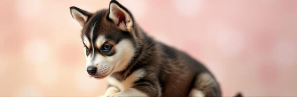 Cute husky puppy looks curious against a soft pink background during a sunny afternoon indoors photo