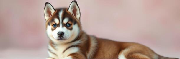 Cute brown and white puppy lounges in a cozy indoor setting with soft pink background photo