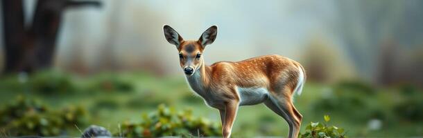 Young deer stands gracefully on green grass in a serene meadow at dawn photo