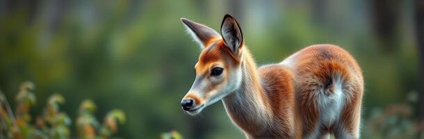 Young deer in a lush forest setting during early morning light photo