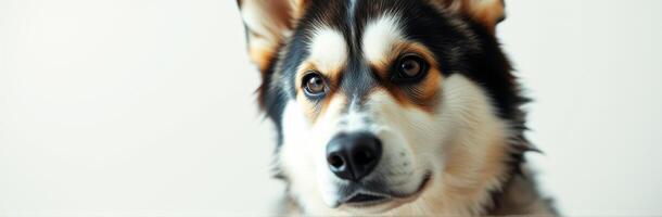 Dog portrait with expressive eyes showcasing unique coat colors and markings in a light background photo
