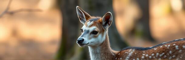 Young deer standing gracefully in a tranquil forest during the golden hour of the evening photo