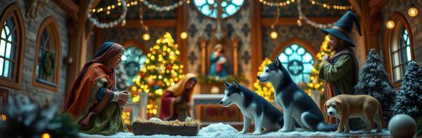 Nativity scene with figurines, decorated trees, and dogs in a cozy setting during the holiday season photo