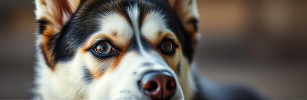 Close-up of a husky dog showcasing striking blue eyes and beautiful fur in a natural outdoor setting photo