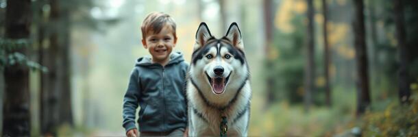 Joyful child walks alongside a friendly husky in a serene forest during autumn photo