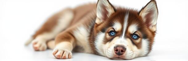 Cute brown and white husky puppy resting on a plain surface in a bright setting photo