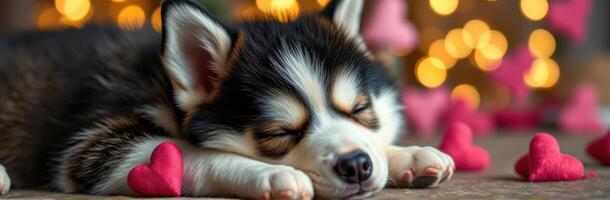 Cute puppy sleeps peacefully surrounded by pink heart decorations in a warm, cozy space filled with soft lighting photo