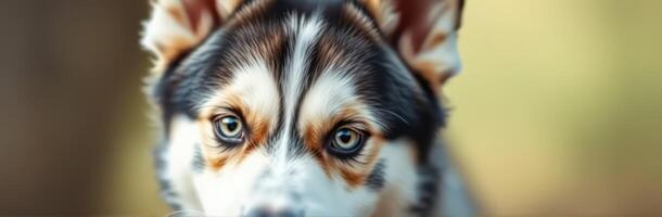Close-up of a playful puppy with striking blue eyes and unique fur patterns in a natural outdoor setting photo