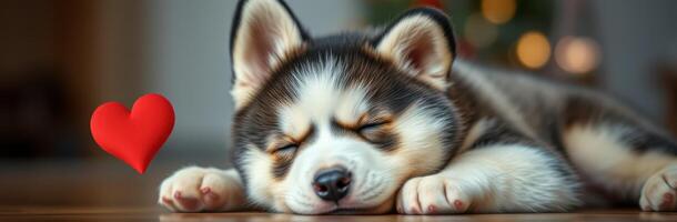 Cute sleeping husky puppy with a heart symbol near Christmas decorations in a cozy indoor setting photo