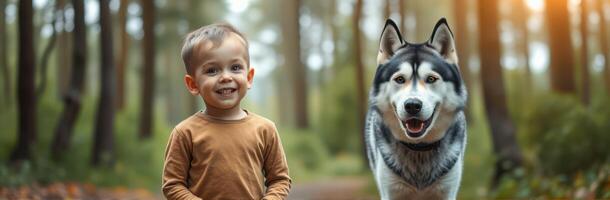 Child walks with a friendly husky in a forest during a sunny afternoon photo