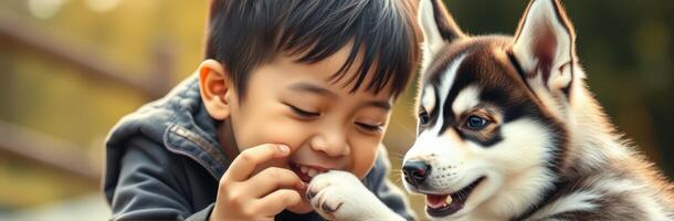 Boy joyfully playing with a husky puppy in a park during a warm afternoon photo