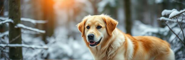 Golden retriever enjoying a winter afternoon in a snowy forest with soft sunlight filtering through the trees photo