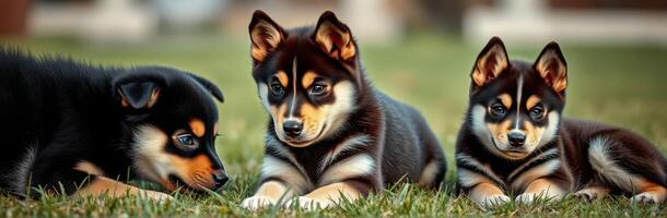 Three adorable puppies playing together outdoors on a sunny day in a grassy area photo