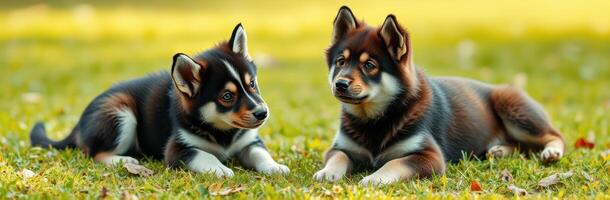 Two cute puppies play in a sunny meadow surrounded by greenery during a warm afternoon photo