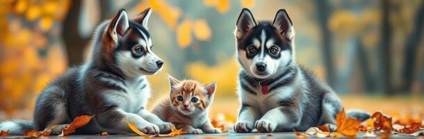 Three adorable animals play together in fall foliage under soft, warm light photo