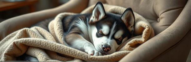Soft and cozy Siberian husky lies peacefully asleep on a comfortable chair wrapped in a fluffy blanket during the day photo