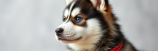 Cute husky puppy with striking blue eyes poses on a neutral background while wearing a red collar photo