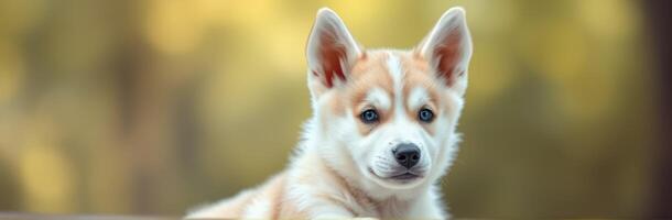 Cute puppy with striking blue eyes relaxing outdoors on a sunny day in a park setting photo