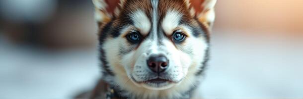 Cute husky puppy with striking blue eyes poses calmly against a blurred background in soft light during winter photo