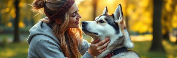 Woman shares a loving moment with her husky in a park during golden hour in early autumn photo