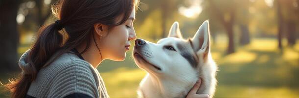 Woman and husky share a gentle moment in a sunlit park during early evening hours photo
