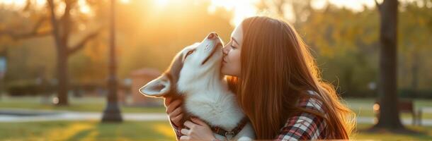 Woman enjoys quality time with her dog in a sunset park setting filled with warmth and love photo