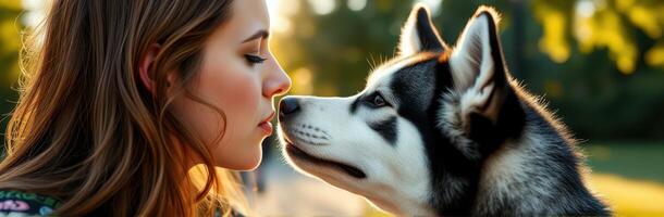 Close interaction between a woman and a husky dog in a sunlit park during the evening hours photo