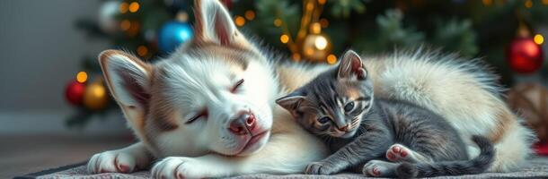 Cozy husky and kitten cuddle together near a decorated Christmas tree in a festive room photo