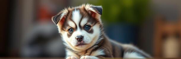 Cute puppy with striking blue eyes explores its surroundings indoors during a warm afternoon photo