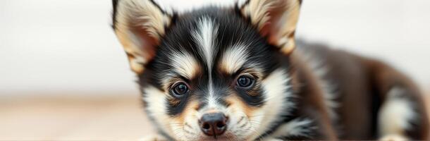 Cute corgi puppy rests on soft surface indoors with curious expression and fluffy fur photo