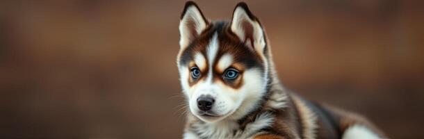 Cute Siberian Husky puppy with striking blue eyes resting outdoors in a neutral background photo