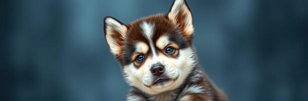 Cute puppy with striking blue eyes posing against a soft background, showcasing its fluffy coat and playful demeanor photo